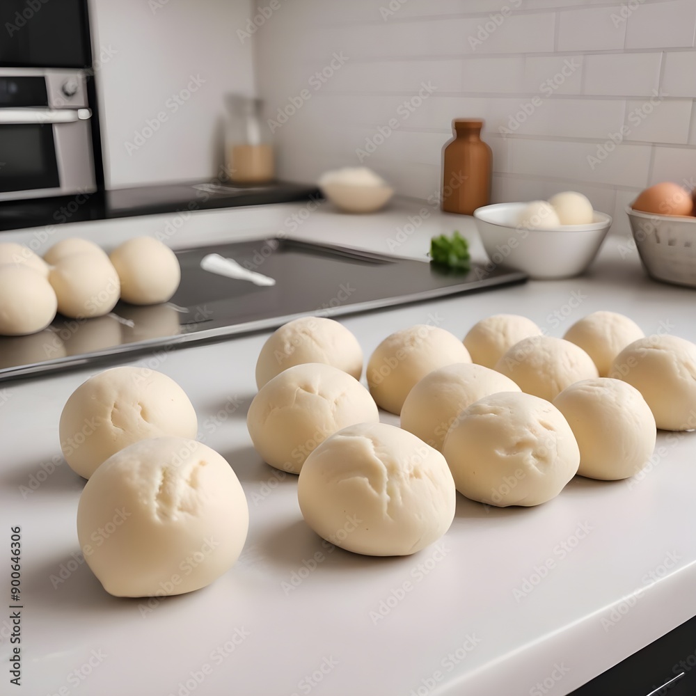 Plump, unrisen dough balls on a clean kitchen counter, ready to be shaped and baked into delicious loaves Plump, unrisen dough balls on a clean kitchen counter, ready to be shaped and baked into delicious loaves