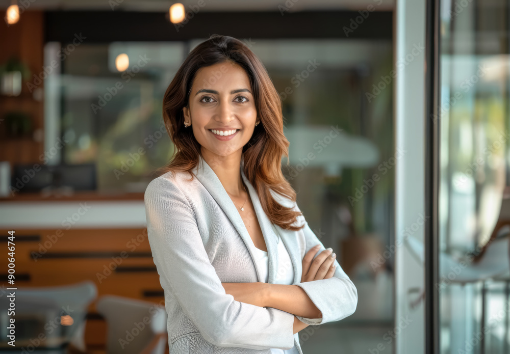 Confident Businesswoman in a Bright Modern Office. A young South Asian woman with light skin and medium-length brown hair, smiling confidently with arms crossed in a modern, well-lit office setting.
