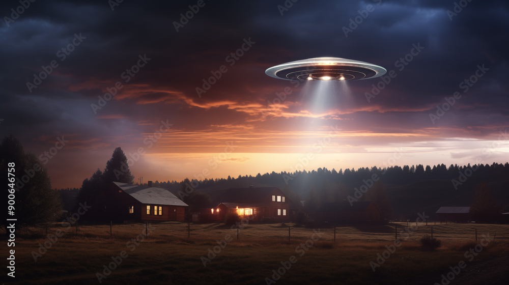 UFO Hovering Over Farmhouse At Sunset With Beam Of Light And Dramatic Sky UFO Hovering Over Farmhouse At Sunset With Beam Of Light And Dramatic Sky