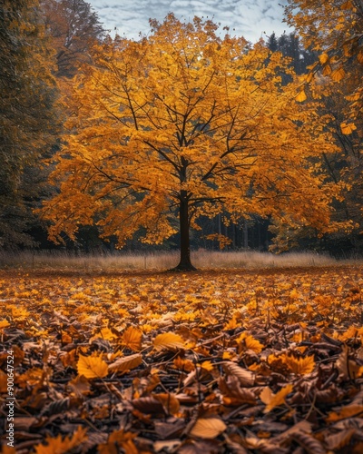 Wallpaper Mural A vibrant autumn scene featuring a solitary orange tree amidst a carpet of fallen leaves, capturing the essence of fall. Torontodigital.ca