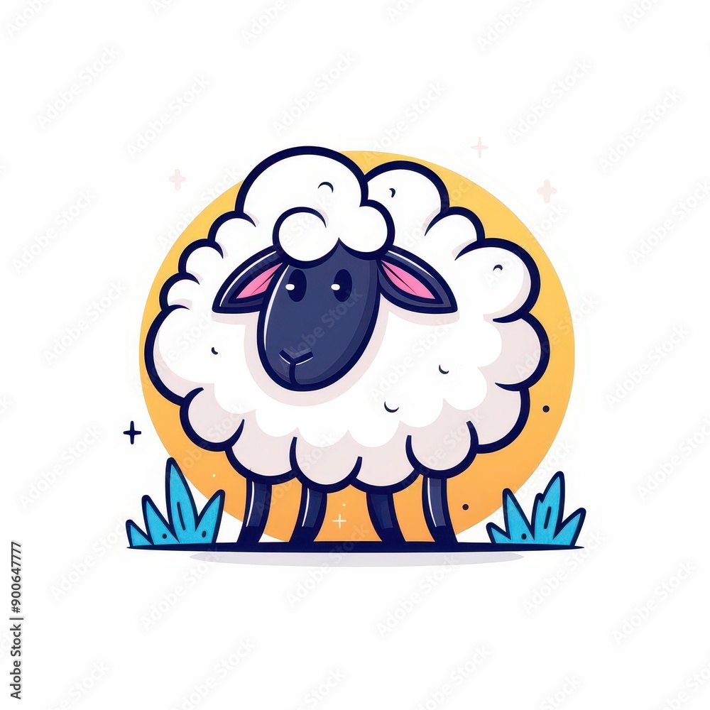 Obraz premium A fluffy sheep, grazing in a field, cute cartoon style, soft pastel colors, isolated on white background