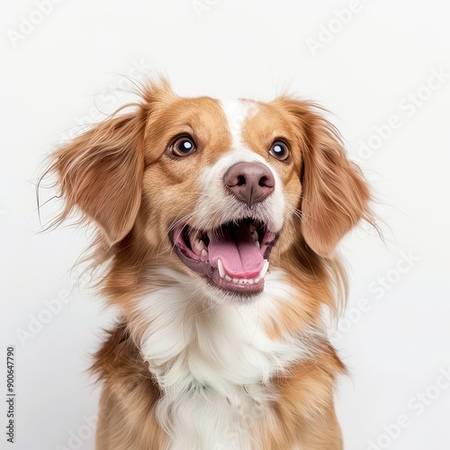 A friendly dog, wagging its tail, realistic portrait, various breeds, isolated on white background