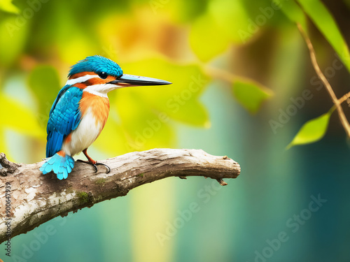 A vibrant kingfisher perches serenely on a branch, its colorful plumage on display against a lush green backdrop