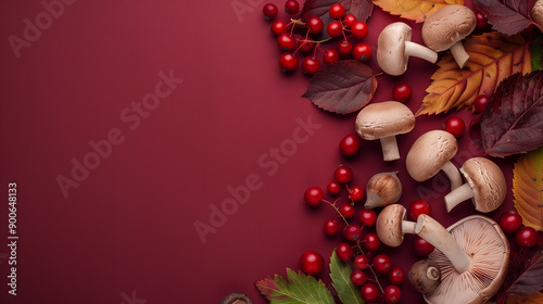 Fresh mushrooms and red berries arranged on a solid red background, emphasizing seasonal ingredients