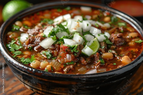 A bowl of moqueca, a Brazilian fish stew made with coconut milk, tomatoes, onions, garlic, and cilantro, served with a side of farofa. 