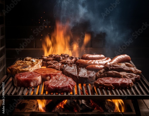 Argentinian asado grill filled with an assortment of meats, embers glowing parilla