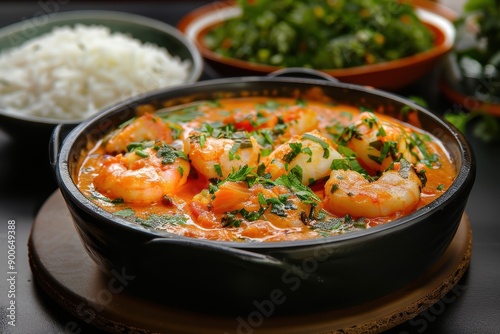 A bowl of moqueca, a Brazilian fish stew made with coconut milk, tomatoes, onions, garlic, and cilantro, served with a side of farofa. 