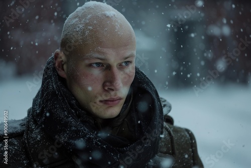 Tranquil young adult man in contemplative introspection amidst a serene winter snowfall. Covered in a cozy overcoat and blanket. With a pensive and meditative expression photo