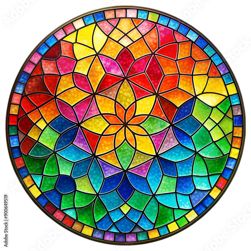 A colorful stained glass circle with a flower in the center. The circle is made up of many small pieces of glass, each with a different color