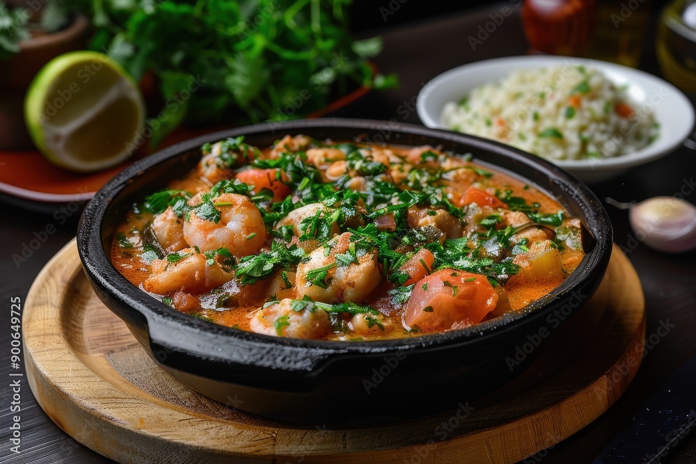 A bowl of moqueca, a Brazilian fish stew made with coconut milk, tomatoes, onions, garlic, and cilantro, served with a side of farofa. A bowl of moqueca, a Brazilian fish stew made with coconut milk, tomatoes, onions, garlic, and cilantro, served with a side of farofa.