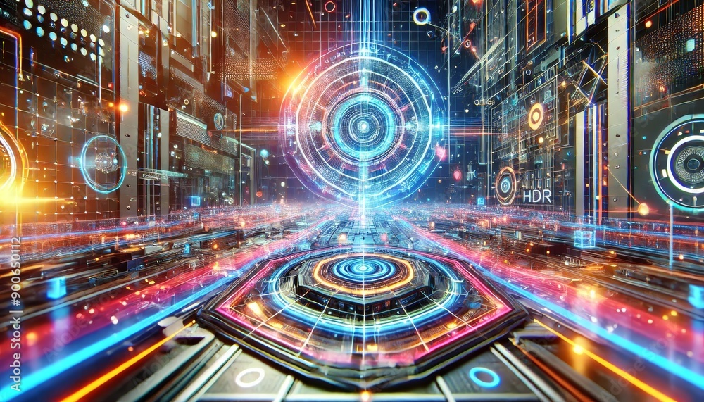 Futuristic digital interface with glowing neon lights and intricate circuitry patterns Futuristic digital interface with glowing neon lights and intricate circuitry patterns