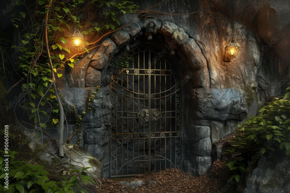 Mystical wrought iron gate embedded in a stone archway, surrounded by forest foliage and lit by lanterns Mystical wrought iron gate embedded in a stone archway, surrounded by forest foliage and lit by lanterns