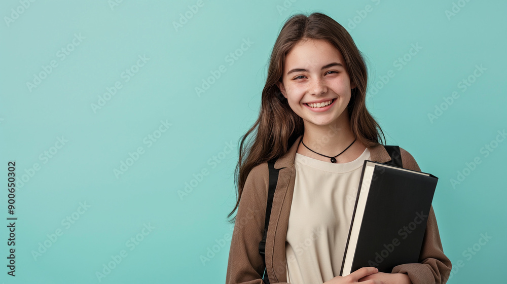 Happy junior school girl holding a black notebook, stylish school photo on pastel background Happy junior school girl holding a black notebook, stylish school photo on pastel background