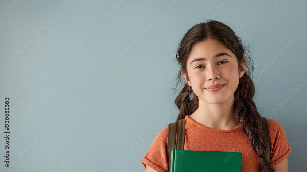 Portrait of a smiling junior school girl holding a green notebook, modern school photo with neutral background Portrait of a smiling junior school girl holding a green notebook, modern school photo with neutral background
