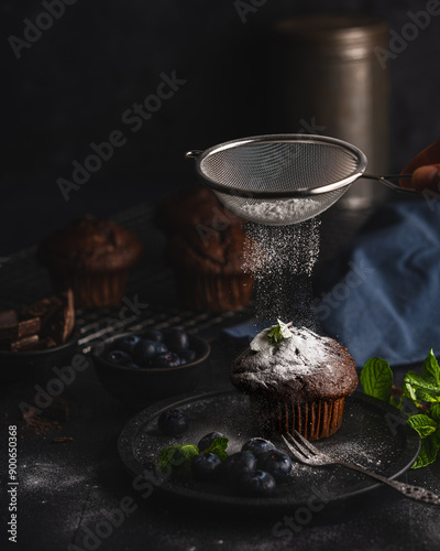 A picture of a home-baked chocolate muffin on a plate with a fork, blueberries and kitchen accessories while powdered sugar is being applied. 