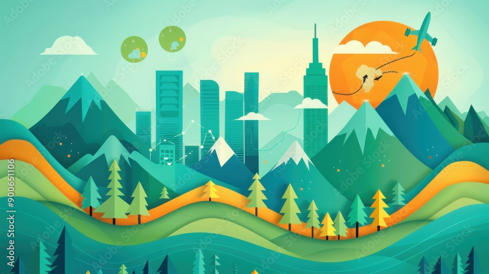 Fototapeta premium Ecosystem conservation, sustainable resource choices, flat design illustration