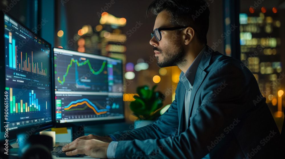 Businessman assessing market risks using financial analysis and charts investment opportunities Businessman assessing market risks using financial analysis and charts investment opportunities