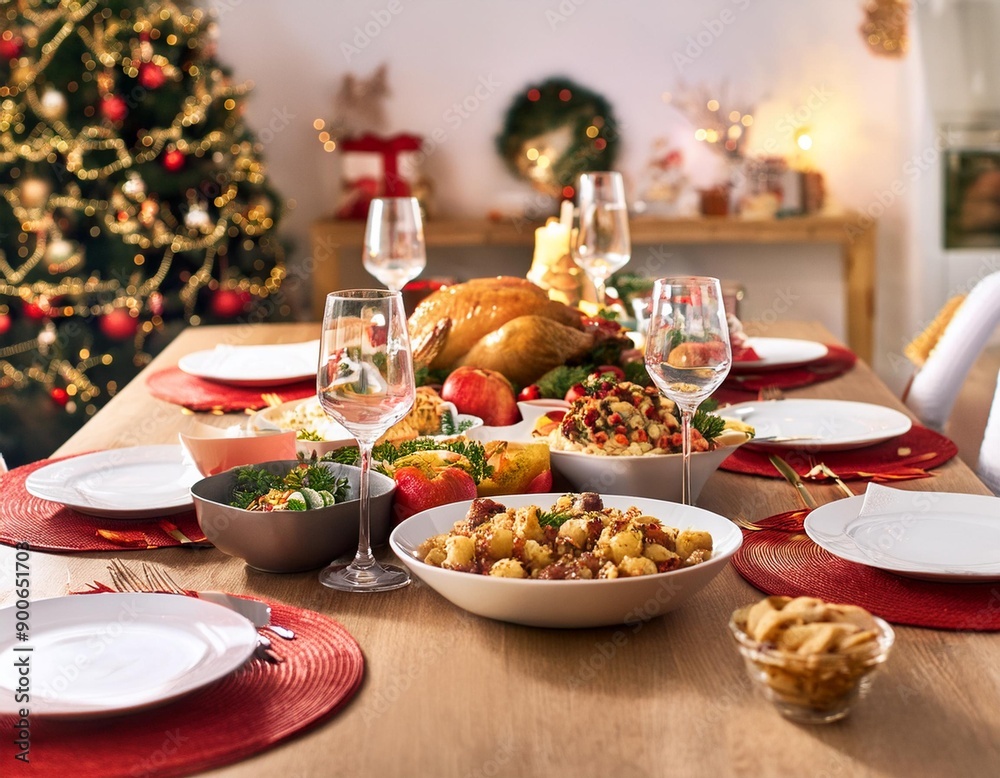 Christmas Dinner table full of dishes with food and snacks, New Year's decor with a Christmas decor Christmas Dinner table full of dishes with food and snacks, New Year's decor with a Christmas decor
