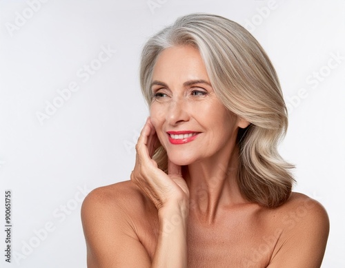 beautiful 50s mid aged mature woman isolated on white background. skin care beauty, skincare routine