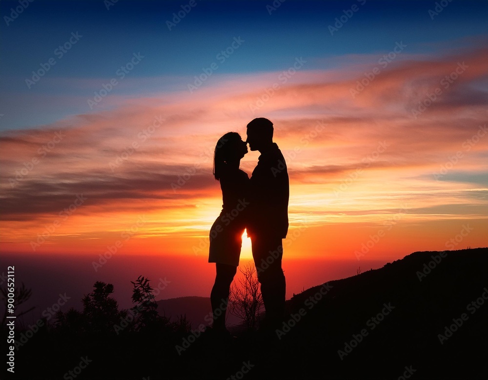 Silhouette of a couple sharing a kiss against a colourful sunset Silhouette of a couple sharing a kiss against a colourful sunset