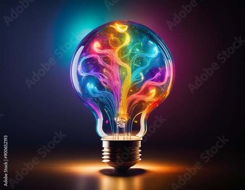 a colorful glowing idea bulb lamp, visualization of brainstorming, bright idea and creative mind