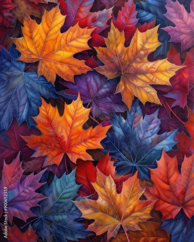 A vibrant collection of autumn leaves in rich hues of red, orange, and blue, capturing the beauty of the fall season.