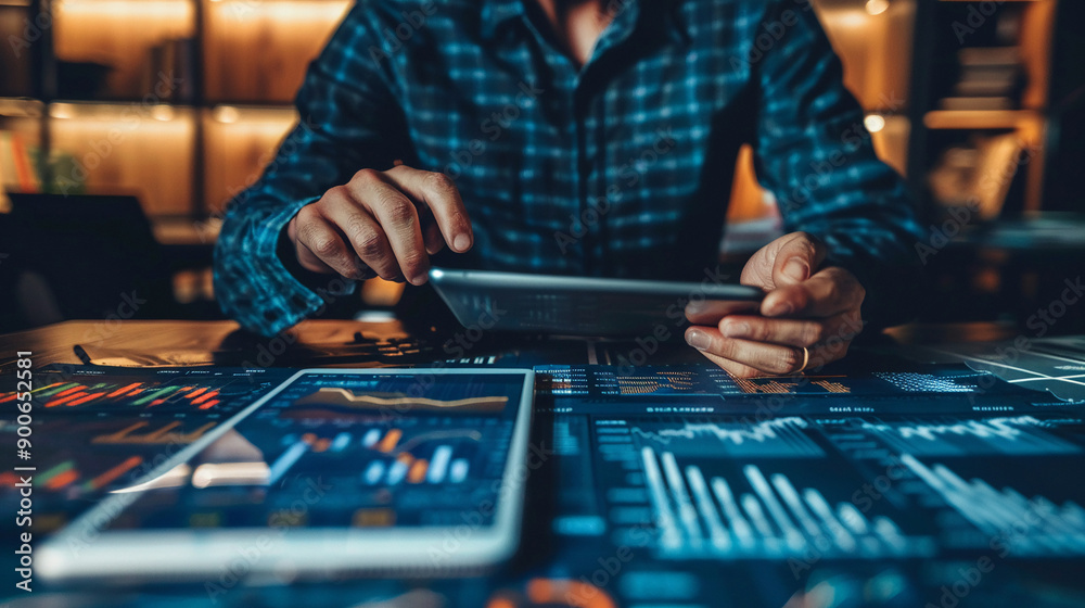 Businessman using financial analytics tools to assess investment opportunities profitability Businessman using financial analytics tools to assess investment opportunities profitability