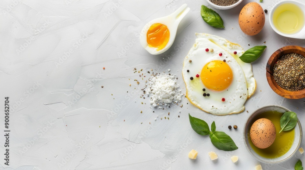 A white background with a plate of eggs, a bowl of basil, and a bowl of oil A white background with a plate of eggs, a bowl of basil, and a bowl of oil