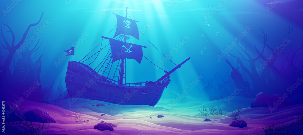 Obraz premium The underwater world with wood Wreck pirate ship isolation, game background, Illustration 