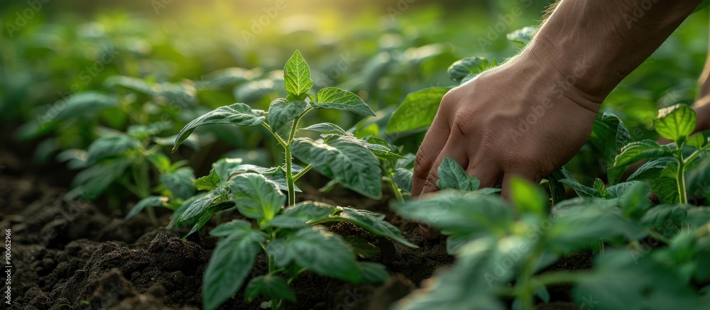 Hand Tending to a Row of Green Plants Hand Tending to a Row of Green Plants