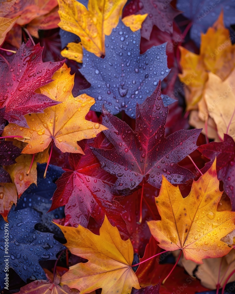 A vibrant collection of colorful wet leaves showcasing autumn hues of red, orange, and yellow glistening with raindrops. A vibrant collection of colorful wet leaves showcasing autumn hues of red, orange, and yellow glistening with raindrops.