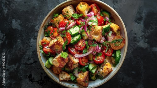 Fresh Panzanella Salad with Cherry Tomatoes and Croutons