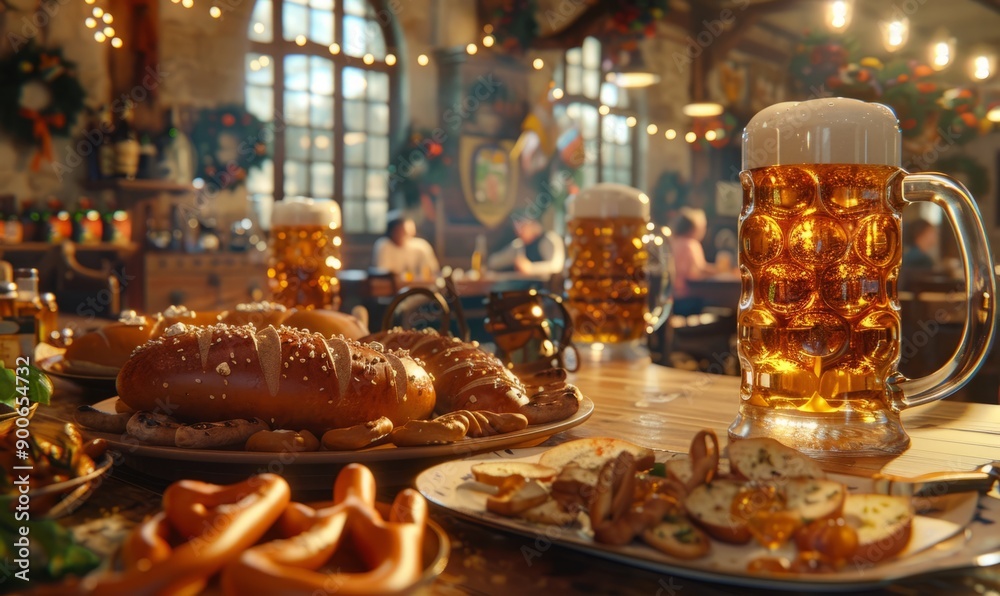 A table set with sausages, pretzels, and beer steins at the Oktoberfest festival. A table set with sausages, pretzels, and beer steins at the Oktoberfest festival.
