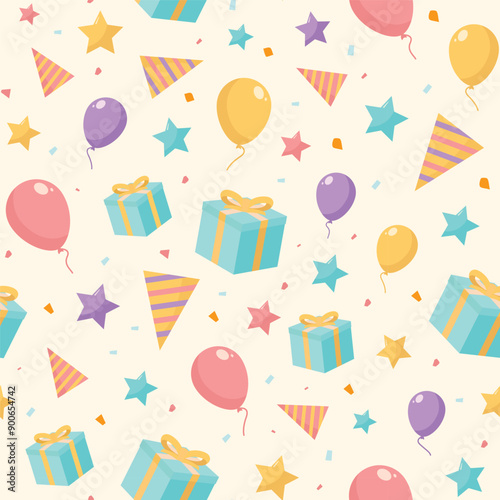 Birthday Gift Box, Balloon, Star, Cone Hat Flat Illustration Pattern Background