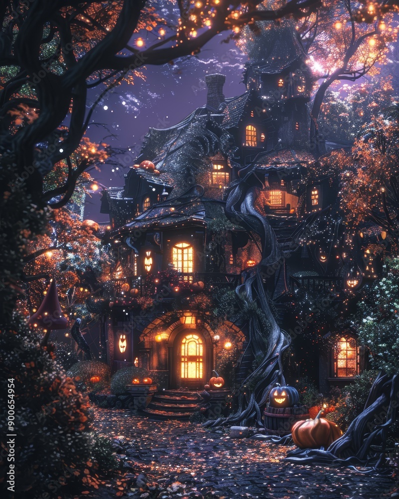 A whimsical Halloween-themed house nestled in a forest, glowing with warm lights and surrounded by pumpkins. A whimsical Halloween-themed house nestled in a forest, glowing with warm lights and surrounded by pumpkins.