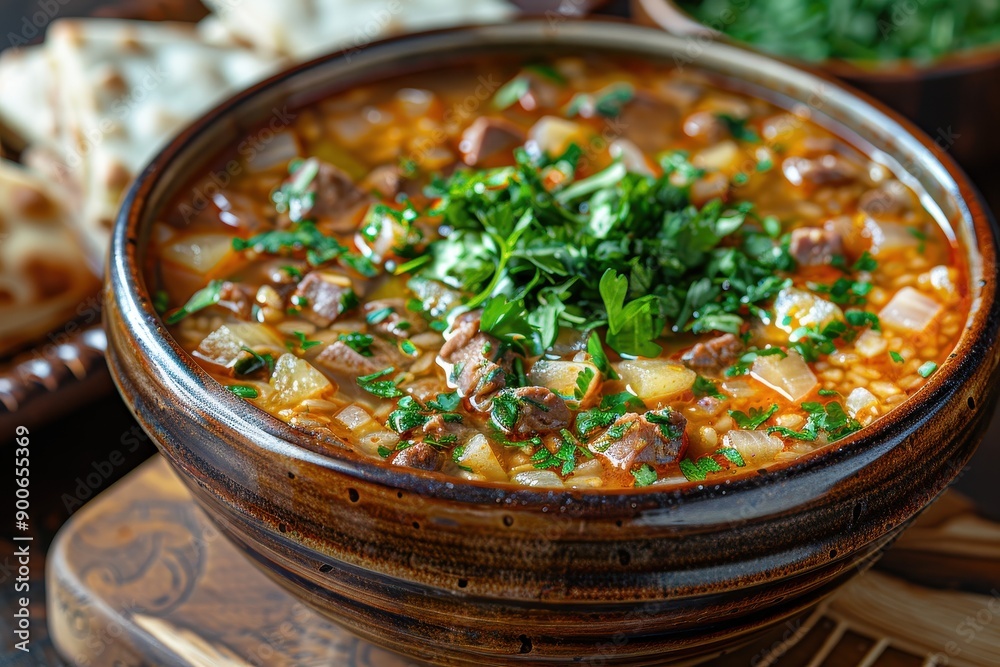 A bowl of rassolnik, a sour soup made with pickles, barley, and meat, garnished with fresh herbs A bowl of rassolnik, a sour soup made with pickles, barley, and meat, garnished with fresh herbs