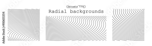 Sound wave irradiation or circular vibrations on the water surface. Set of circular oval stripe backgrounds. Abstract radial oblique smooth lines pattern. Monochrome backdrops. Vector illustration