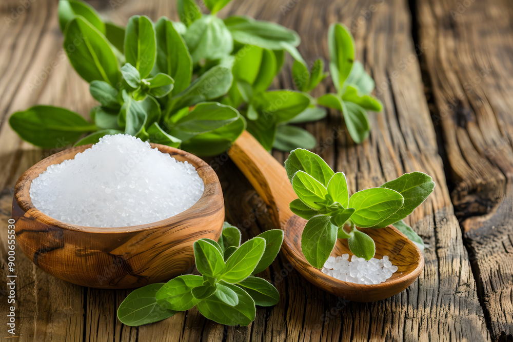Natural Stevia: Raw Leaves and Powder on Wooden Surface