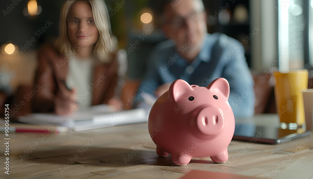Close up focus on small piggybank on table with blurred middle aged old family couple doing financial paperwork, managing household budget or planning investment on background, retirement lifestyle Close up focus on small piggybank on table with blurred middle aged old family couple doing financial paperwork, managing household budget or planning investment on background, retirement lifestyle