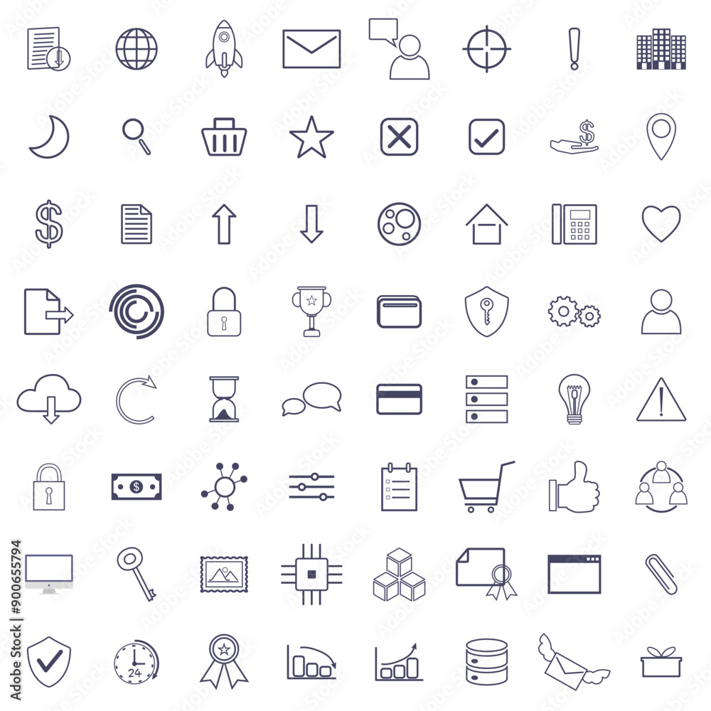 Fototapeta premium Icons set of 64 outline icons related to business. Linear icon collection. Editable stroke. technology icon. Vector illustration
