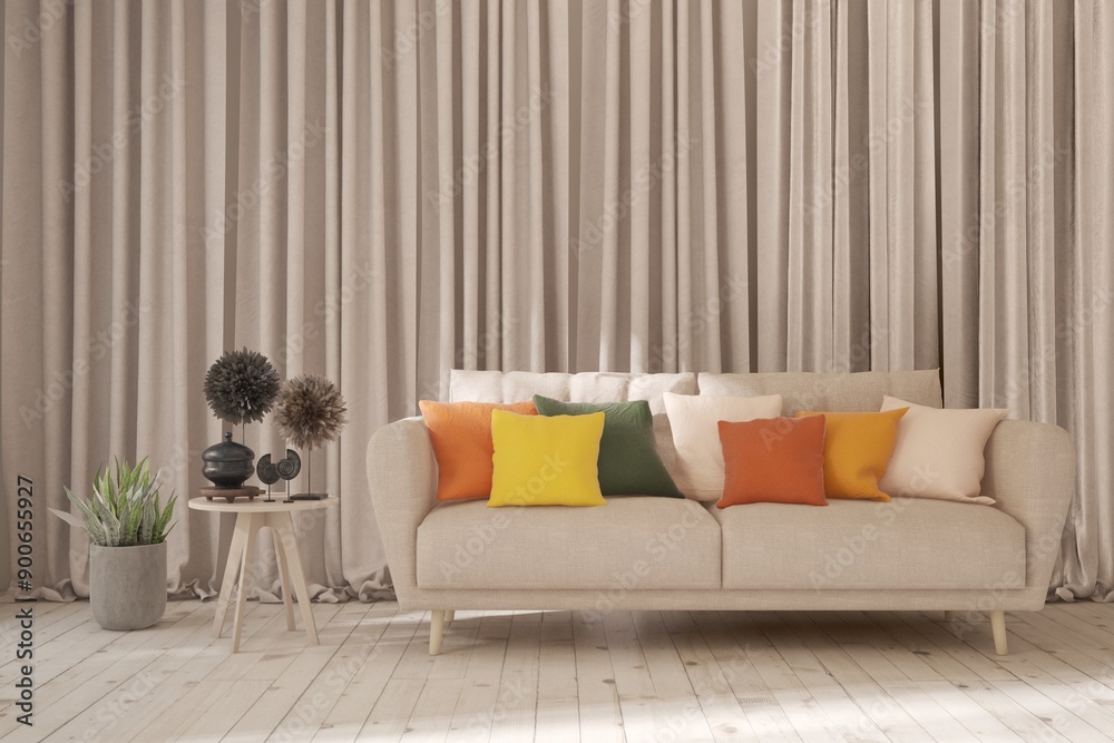 White living room with sofa. Scandinavian interior design. 3D illustration