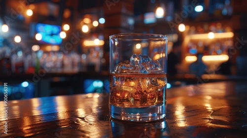 The whiskey glass on counter.