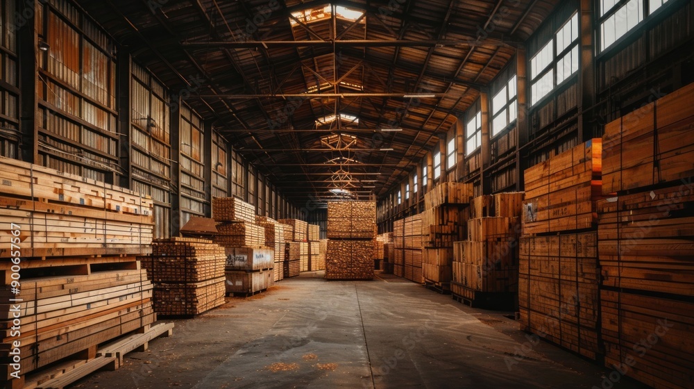 A large warehouse filled with stacks of wood A large warehouse filled with stacks of wood