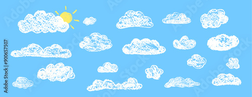Set of abstract pencil clouds. Hand drawn cartoon cloudy sky and sun. Vector illustration of collection of white eddy on blue background. Imitation of a child's drawing with pencils on blackboard