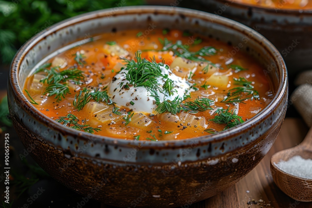 A bowl of schi, traditional Russian cabbage soup, garnished with fresh dill and a dollop of sour cream. A bowl of schi, traditional Russian cabbage soup, garnished with fresh dill and a dollop of sour cream.