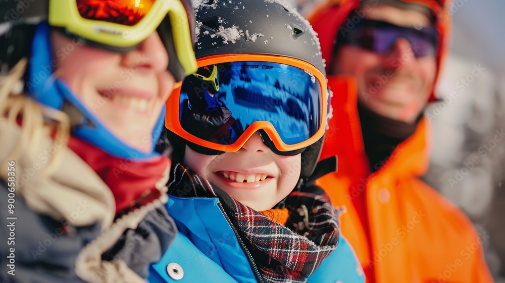Mom and Dad Reflecting in Boy's Ski Goggles While Teaching Him to Ski or Snowboard, Capturing Family Bonding and Winter Sports Adventure