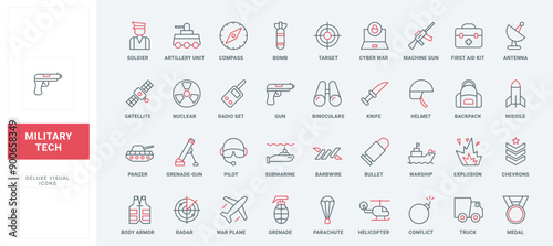 Military equipment, combat war weapon line icon set. Missile bomb and grenade, pistol and medal of army soldier, target of gun and drone thin black and red outline symbols vector illustration