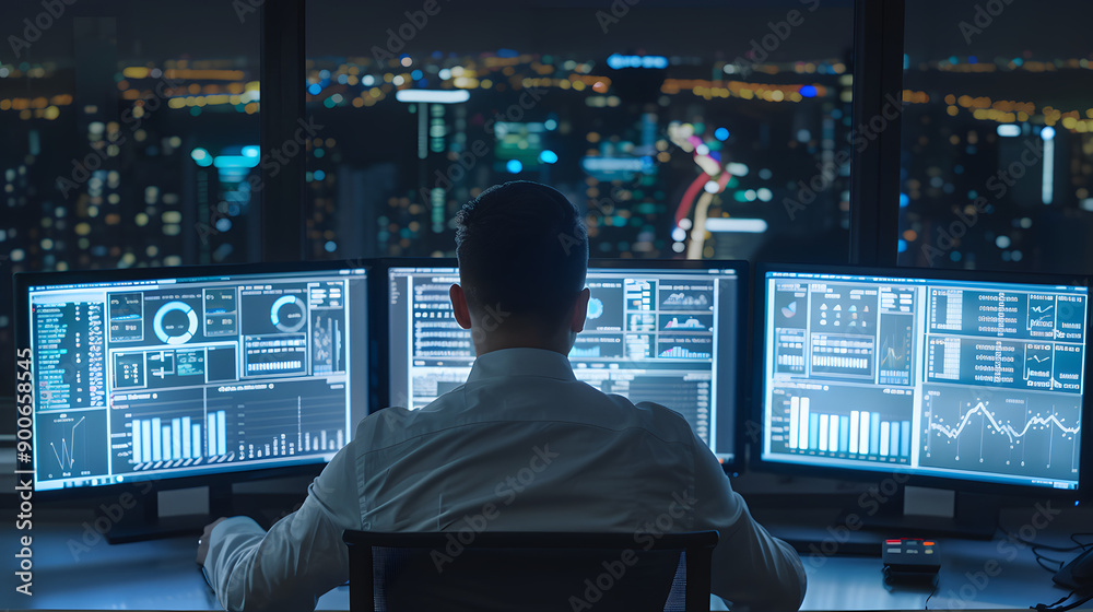 Actuarial Scientist Analyzing Data on Multiple Screens in Modern Office Actuarial Scientist Analyzing Data on Multiple Screens in Modern Office