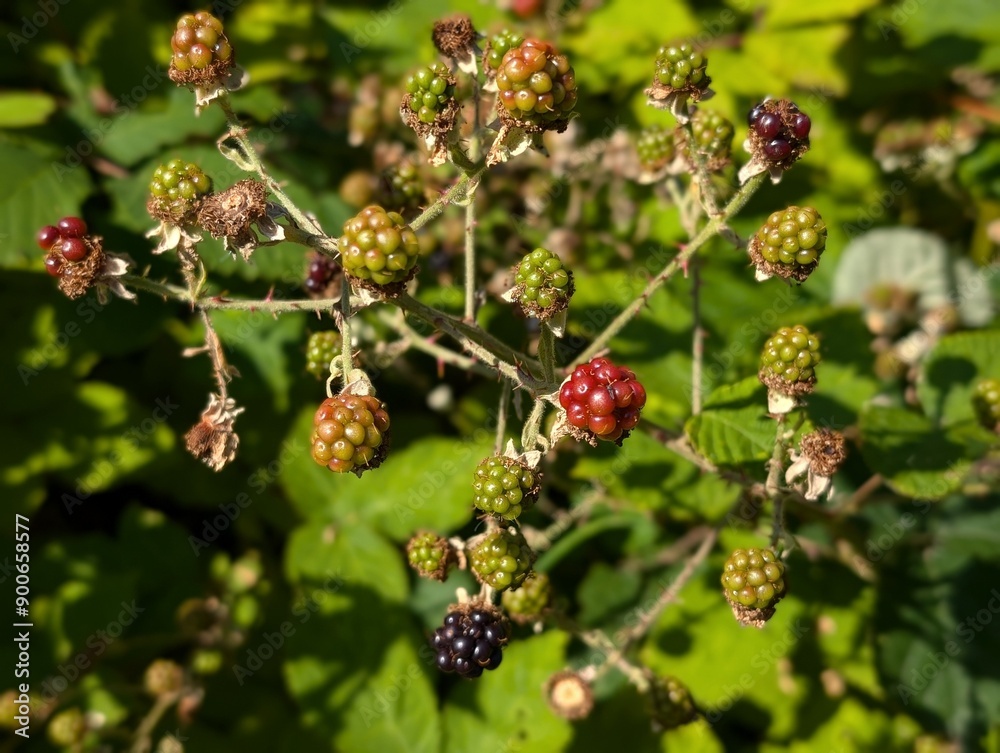 Unripe blackberries on a bramble bush in late summer Unripe blackberries on a bramble bush in late summer