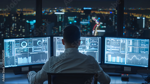 Actuarial Scientist Analyzing Data on Multiple Screens in Modern Office